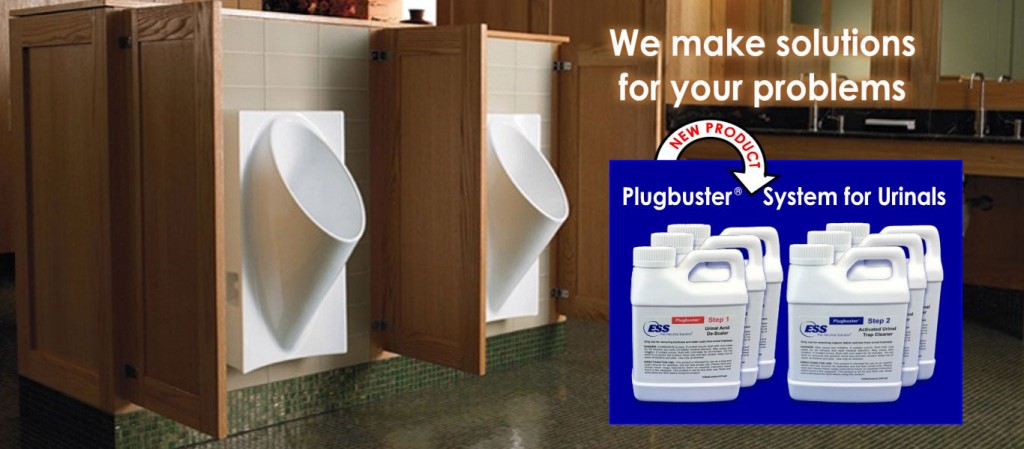 Urinal and Janitorial Products ESS has a full line of urinal care and janitorial products to suit almost every need. As always, read and understand the Material Safety Data Sheet (MSDS) before using any chemical product. Keep all chemical products out of the reach of children and pets. ESS urinal care products are designed to treat and minimize plugging caused by calcium scale, struvite, hair and organic debris. The Plugbuster� System for Urinals is a 2 step process for clearing plugs in waterless, low flow flush and even full flush urinals. Plugbuster� System for Urinals � this 2 step process is designed to reverse slow moving or plugged waterless or low flow flush urinals back to normal flow. This �liquid snake� system is a convenient and low cost alternative to mechanical snaking or removal of the units from the wall. Following the enclosed instructions, just pour in, let sit and rinse for each step to restore urinals to proper flow. Available in a convenient case pack with 3 urinal treatments (6 bottles total).